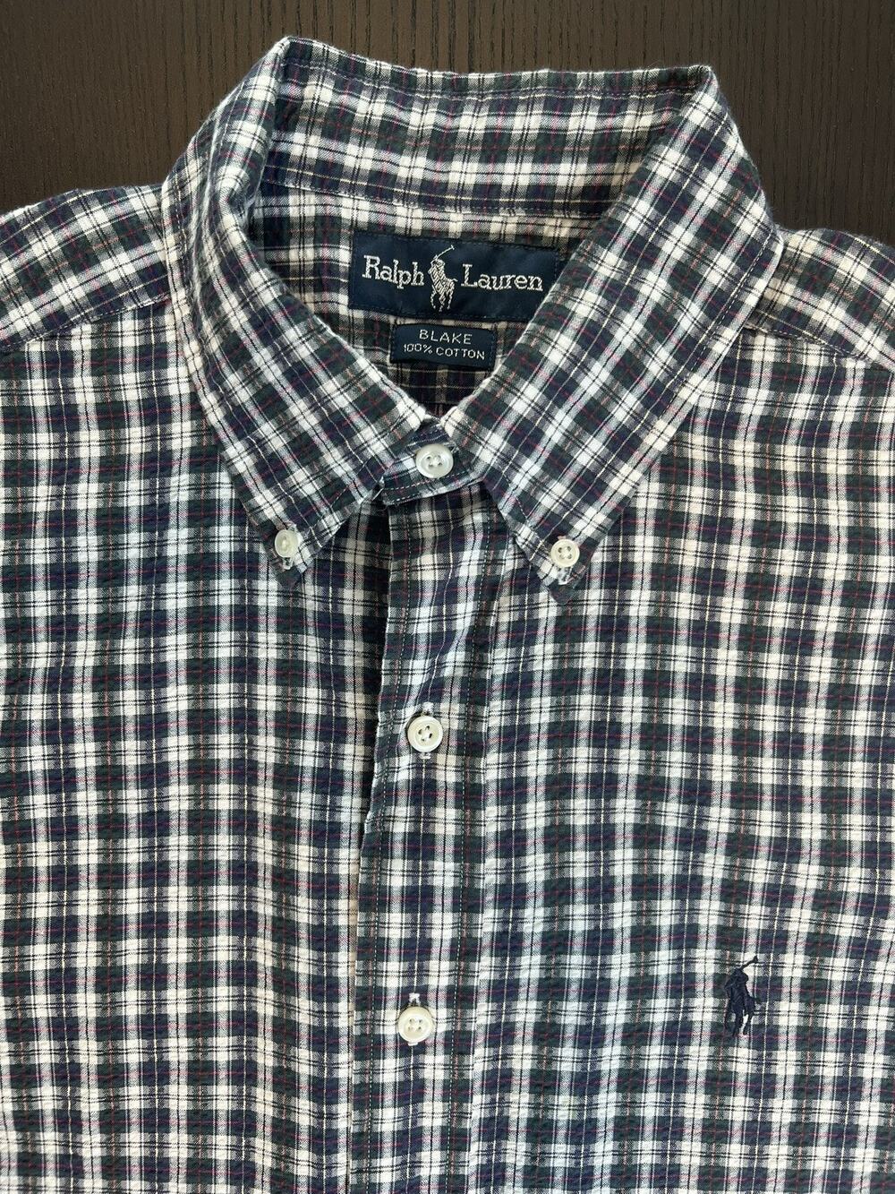 Vtg RALPH LAUREN Blake Plaid Short Sleeve Seersucker Button Down Men’s Sz Medium